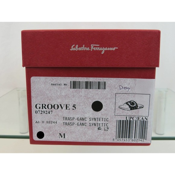 NIB FERRAGAMO GROOVE 5 TRANSPARENT BLACK RUBBER GANCINI LOGO SANDALS SLIDES 8 M main image 14